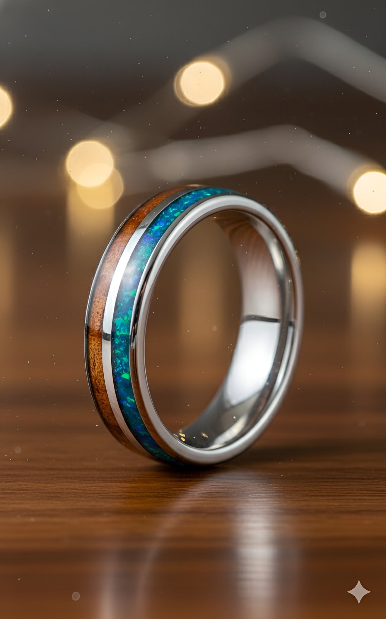 Tungsten Opal & Koa Wood Inlay Men’s Ring
