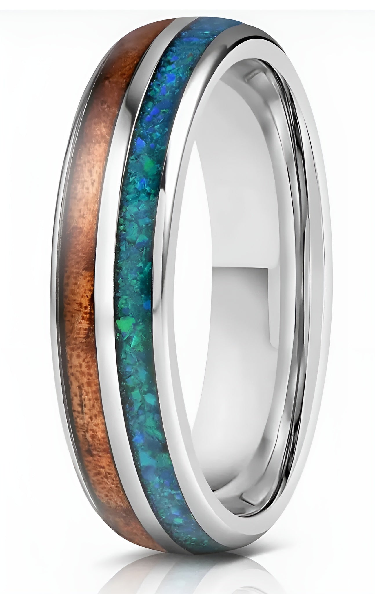 Tungsten Opal & Koa Wood Inlay Men’s Ring