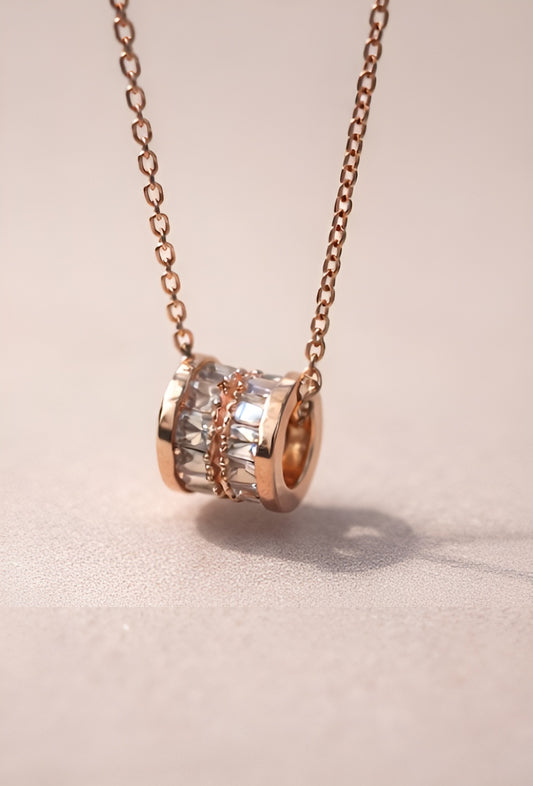 Rose Gold Barrel Pendant Necklace with Pavé Crystal Accents