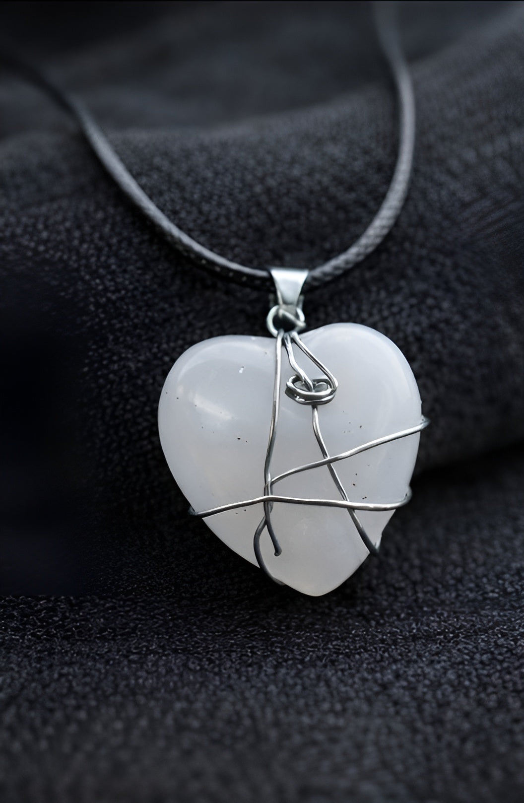 White Stone Wire-Wrapped Necklace on Black Cord