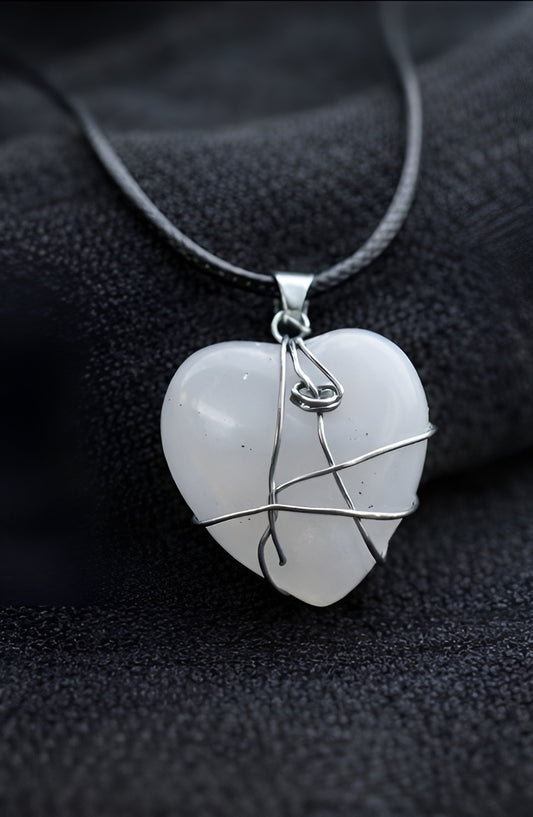 White Stone Wire-Wrapped Necklace on Black Cord