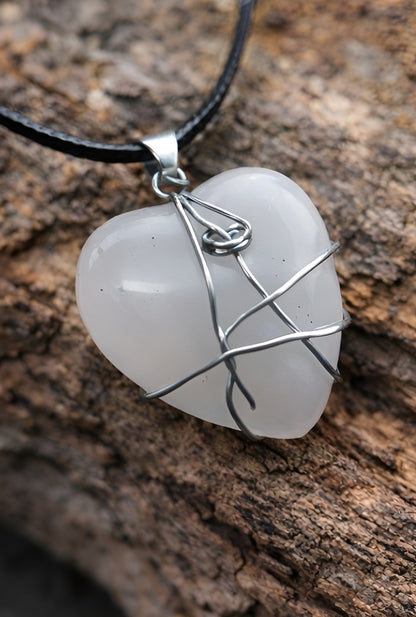 White Stone Wire-Wrapped Necklace on Black Cord