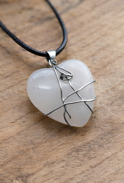 White Stone Wire-Wrapped Necklace on Black Cord