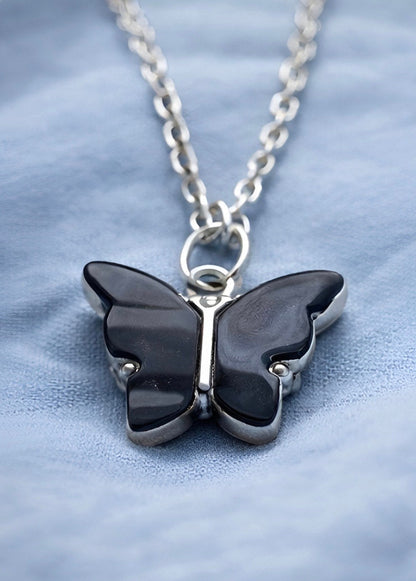 Black Butterfly Pendant Necklace in Silver Tone