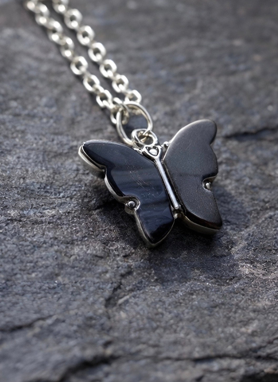 Black Butterfly Pendant Necklace in Silver Tone