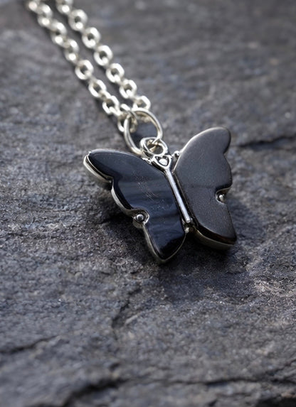 Black Butterfly Pendant Necklace in Silver Tone