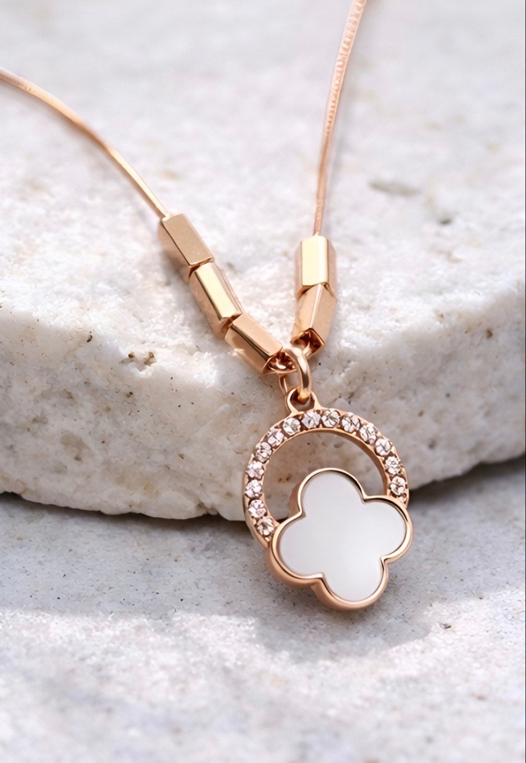 Rose Gold Clover Pendant with Crystal Halo
