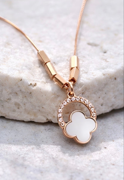 Rose Gold Clover Pendant with Crystal Halo