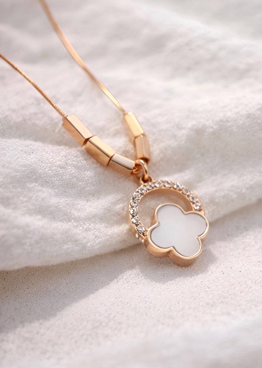 Rose Gold Clover Pendant with Crystal Halo