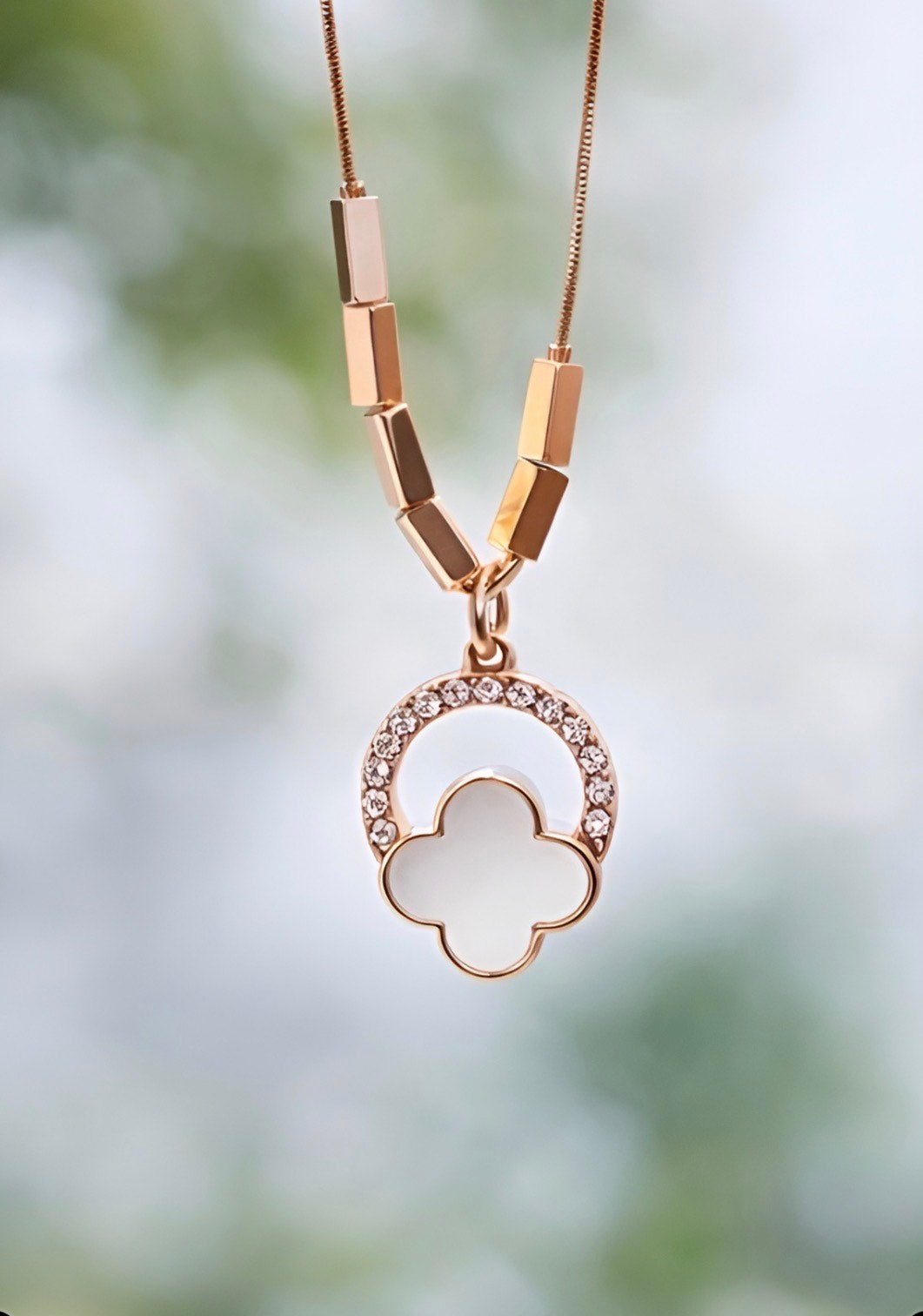 Rose Gold Clover Pendant with Crystal Halo