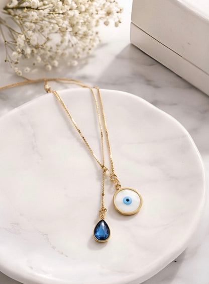 Gold Evil Eye Pendant with Blue Crystal Drop