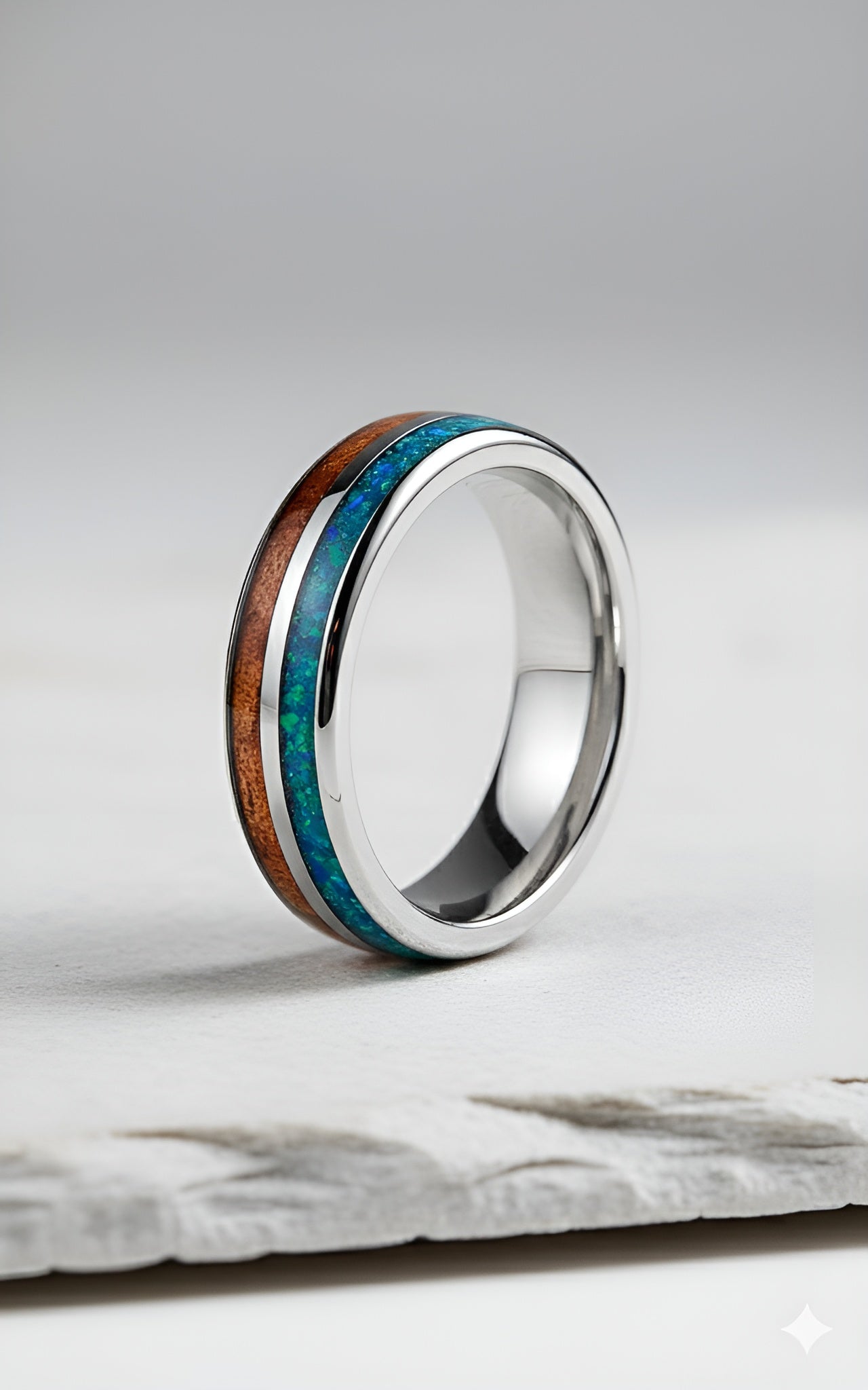 Tungsten Opal & Koa Wood Inlay Men’s Ring