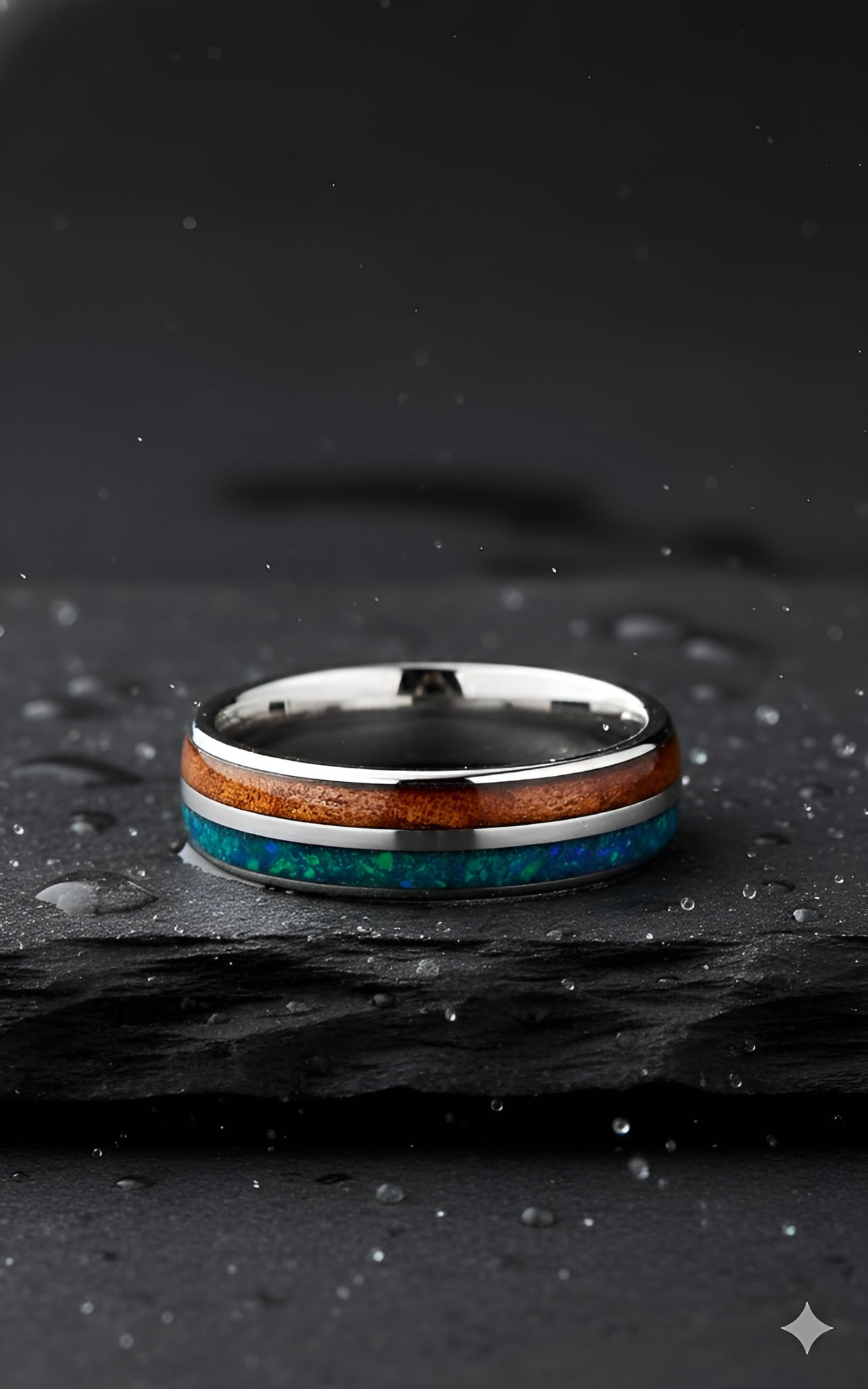 Tungsten Opal & Koa Wood Inlay Men’s Ring