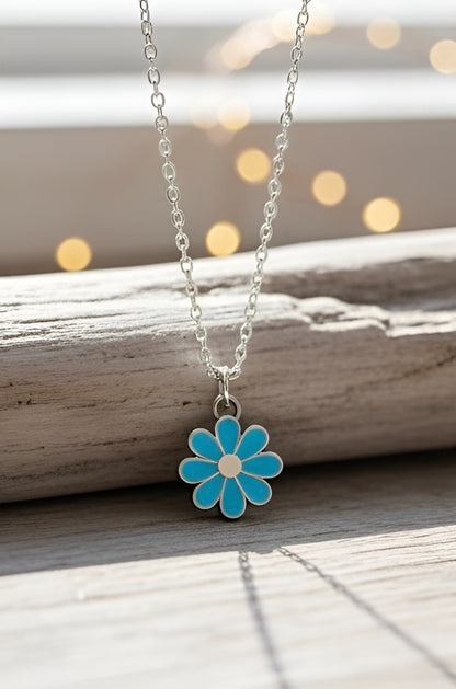 Blue Daisy Flower Pendant Necklace