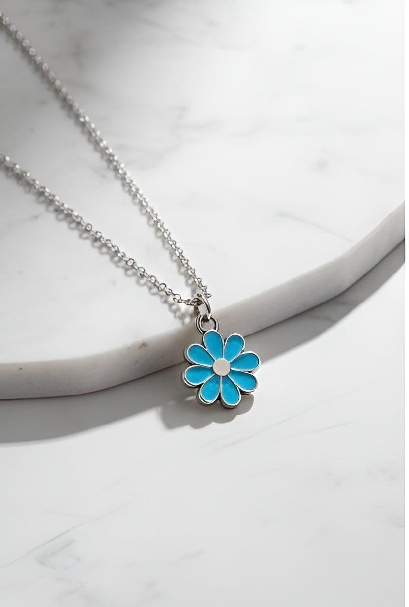 Blue Daisy Flower Pendant Necklace