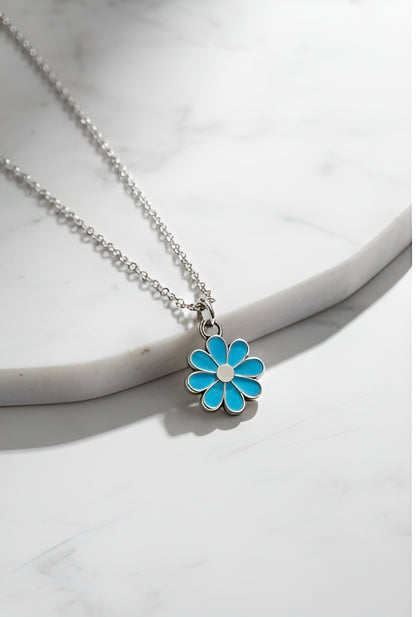Blue Daisy Flower Pendant Necklace
