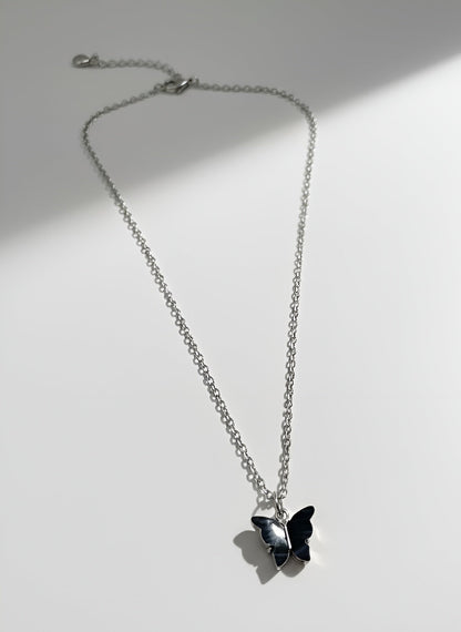 Black Butterfly Pendant Necklace in Silver Tone