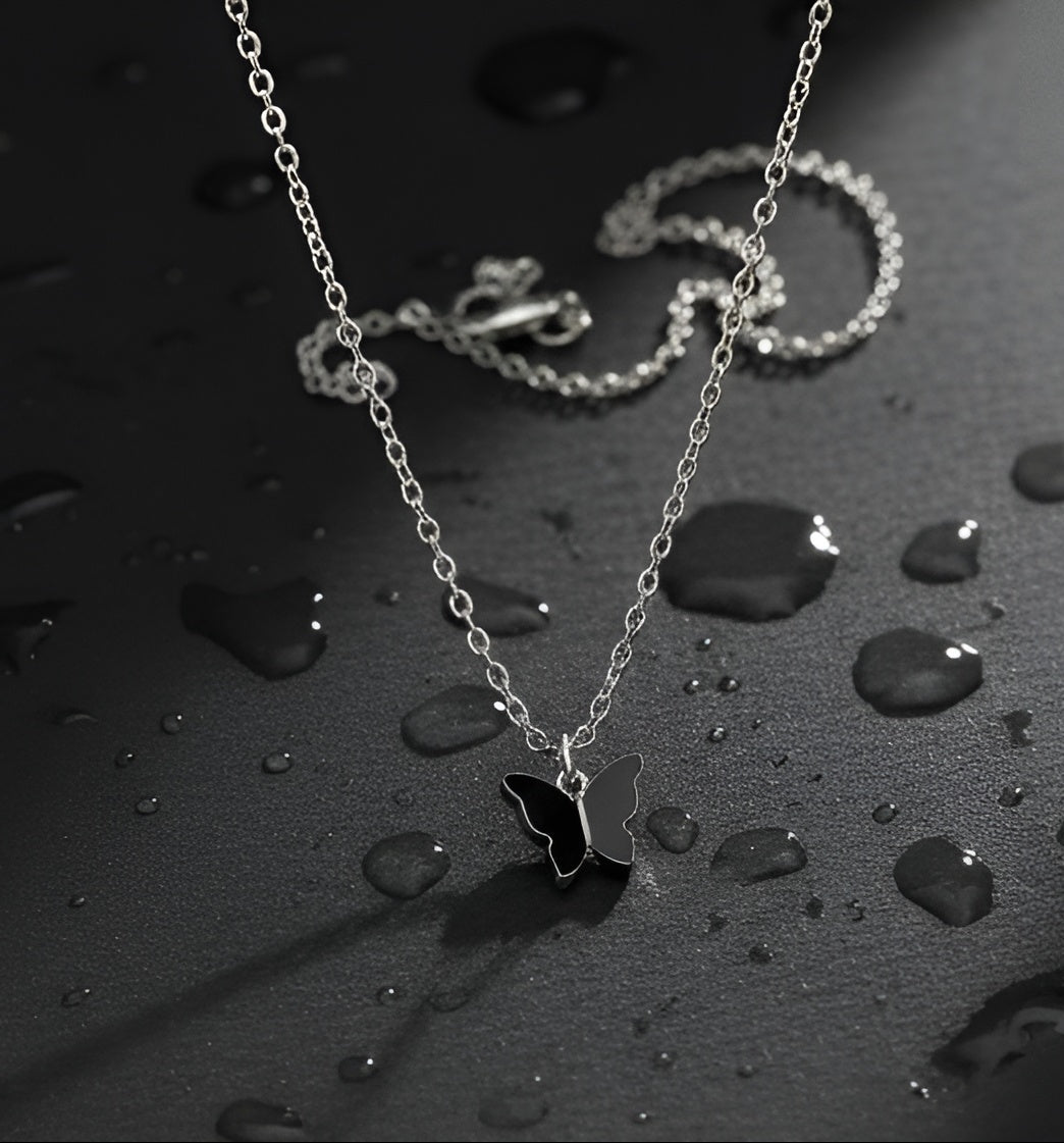 Black Butterfly Pendant Necklace in Silver Tone