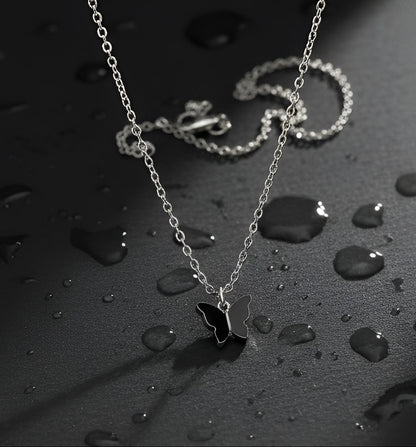 Black Butterfly Pendant Necklace in Silver Tone