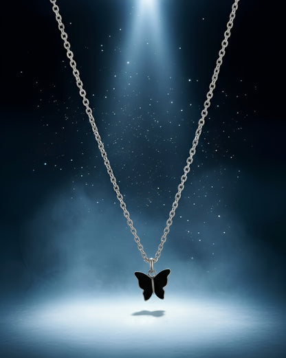 Black Butterfly Pendant Necklace in Silver Tone